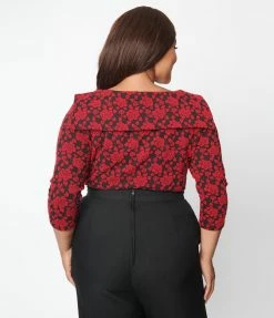 Unique Vintage Plus Size Black & Red Floral Wide Collar & Bow Top New Arrivals!