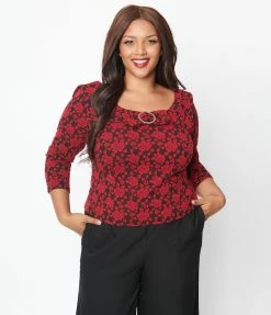 Unique Vintage Plus Size Black & Red Floral Wide Collar & Bow Top New Arrivals!