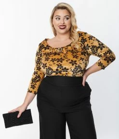 Unique Vintage Plus Size Gold Floral Wide Collar & Bow Top New Arrivals!