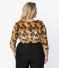 Unique Vintage Plus Size Gold Floral Wide Collar & Bow Top New Arrivals!