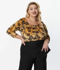 Unique Vintage Plus Size Gold Floral Wide Collar & Bow Top New Arrivals!