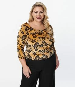 Unique Vintage Plus Size Gold Floral Wide Collar & Bow Top New Arrivals!