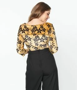 New Arrivals! Unique Vintage Gold Floral Wide Collar & Bow Top