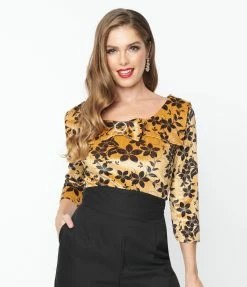 New Arrivals! Unique Vintage Gold Floral Wide Collar & Bow Top