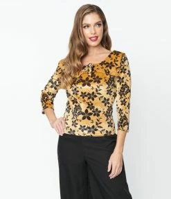 New Arrivals! Unique Vintage Gold Floral Wide Collar & Bow Top