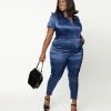 Unique Vintage Plus Size Navy Blue Satin Cargo Jumpsuit Trending