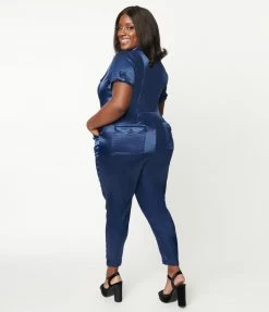 Unique Vintage Plus Size Navy Blue Satin Cargo Jumpsuit Trending