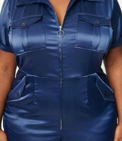 Unique Vintage Plus Size Navy Blue Satin Cargo Jumpsuit Trending