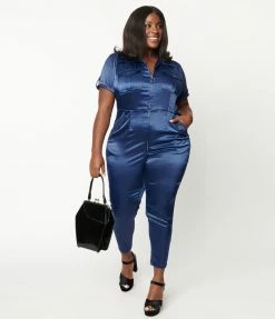 Unique Vintage Plus Size Navy Blue Satin Cargo Jumpsuit Trending