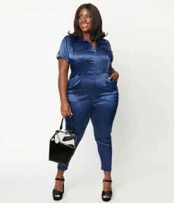 Unique Vintage Plus Size Navy Blue Satin Cargo Jumpsuit Trending