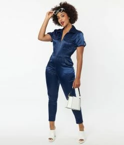 New Arrivals! Unique Vintage Navy Blue Satin Cargo Jumpsuit