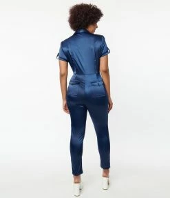 New Arrivals! Unique Vintage Navy Blue Satin Cargo Jumpsuit