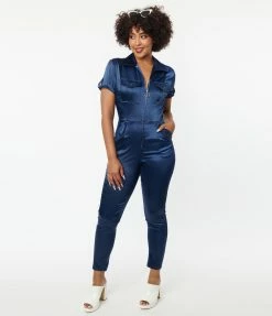 New Arrivals! Unique Vintage Navy Blue Satin Cargo Jumpsuit