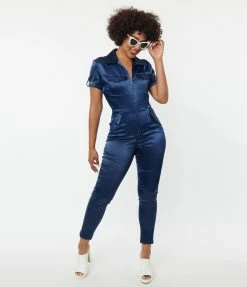 New Arrivals! Unique Vintage Navy Blue Satin Cargo Jumpsuit