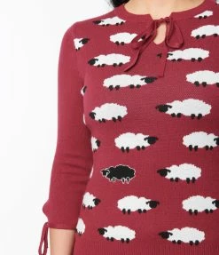Unique Vintage Burgundy & Flock Of Sheep Keyhole Sweater New Arrivals!