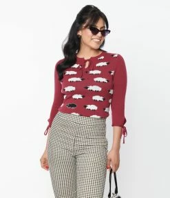 Unique Vintage Burgundy & Flock Of Sheep Keyhole Sweater New Arrivals!