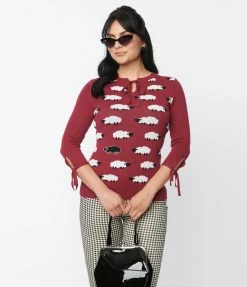 Unique Vintage Burgundy & Flock Of Sheep Keyhole Sweater New Arrivals!