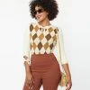 Unique Vintage Cream & Brown Argyle Keyhole Sweater Clothing