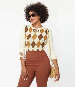 Unique Vintage Cream & Brown Argyle Keyhole Sweater Clothing