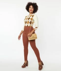 Unique Vintage Cream & Brown Argyle Keyhole Sweater Clothing