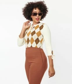 Unique Vintage Cream & Brown Argyle Keyhole Sweater Clothing
