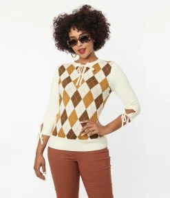 Unique Vintage Cream & Brown Argyle Keyhole Sweater Clothing