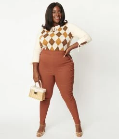 Clothing Unique Vintage Plus Size Cream & Brown Argyle Keyhole Sweater