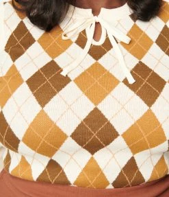 Clothing Unique Vintage Plus Size Cream & Brown Argyle Keyhole Sweater