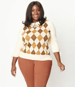 Clothing Unique Vintage Plus Size Cream & Brown Argyle Keyhole Sweater