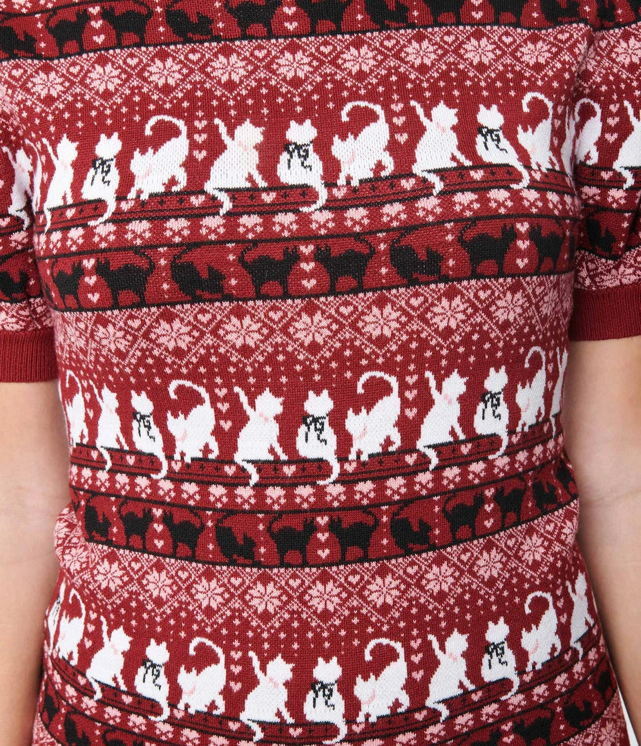 Unique Vintage Burgundy Hearts & Cats Paige Sweater Clothing