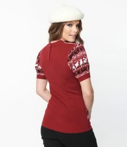 Unique Vintage Burgundy Hearts & Cats Paige Sweater Clothing