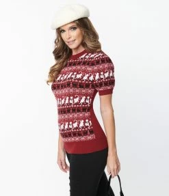 Unique Vintage Burgundy Hearts & Cats Paige Sweater Clothing