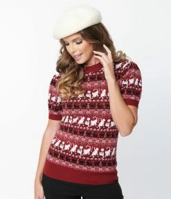 Unique Vintage Burgundy Hearts & Cats Paige Sweater Clothing