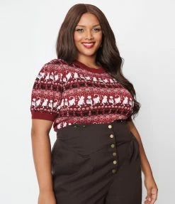 Unique Vintage Plus Size Burgundy Hearts & Cats Paige Sweater Clothing