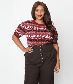 Unique Vintage Plus Size Burgundy Hearts & Cats Paige Sweater Clothing