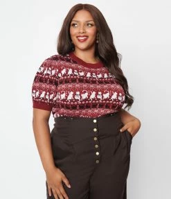 Unique Vintage Plus Size Burgundy Hearts & Cats Paige Sweater Clothing