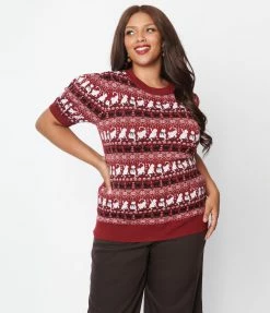 Unique Vintage Plus Size Burgundy Hearts & Cats Paige Sweater Clothing