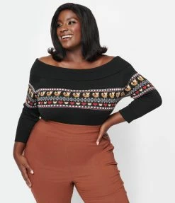Unique Vintage Plus Size Black Foxes Fair Isle Sweater New Arrivals!