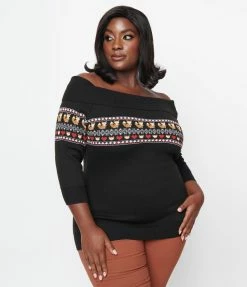 Unique Vintage Plus Size Black Foxes Fair Isle Sweater New Arrivals!