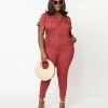 Unique Vintage Plus Size Burgundy Denim Cargo Jumpsuit