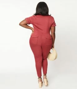 Unique Vintage Plus Size Burgundy Denim Cargo Jumpsuit