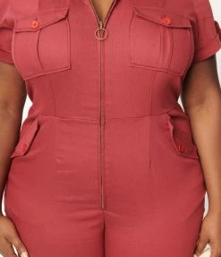 Unique Vintage Plus Size Burgundy Denim Cargo Jumpsuit