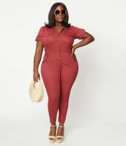 Unique Vintage Plus Size Burgundy Denim Cargo Jumpsuit