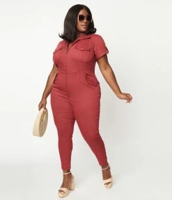 Unique Vintage Plus Size Burgundy Denim Cargo Jumpsuit