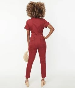 New Arrivals! Unique Vintage Burgundy Denim Cargo Jumpsuit