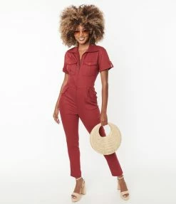 New Arrivals! Unique Vintage Burgundy Denim Cargo Jumpsuit