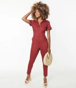 New Arrivals! Unique Vintage Burgundy Denim Cargo Jumpsuit