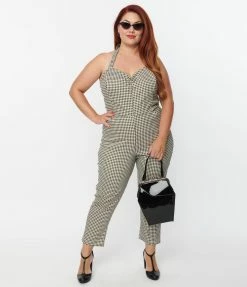 Unique Vintage Plus Size Tan & Black Gingham Marcel Jumpsuit New Arrivals!