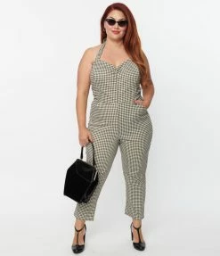 Unique Vintage Plus Size Tan & Black Gingham Marcel Jumpsuit New Arrivals!