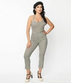 Unique Vintage Tan & Black Gingham Marcel Cropped Jumpsuit New Arrivals!